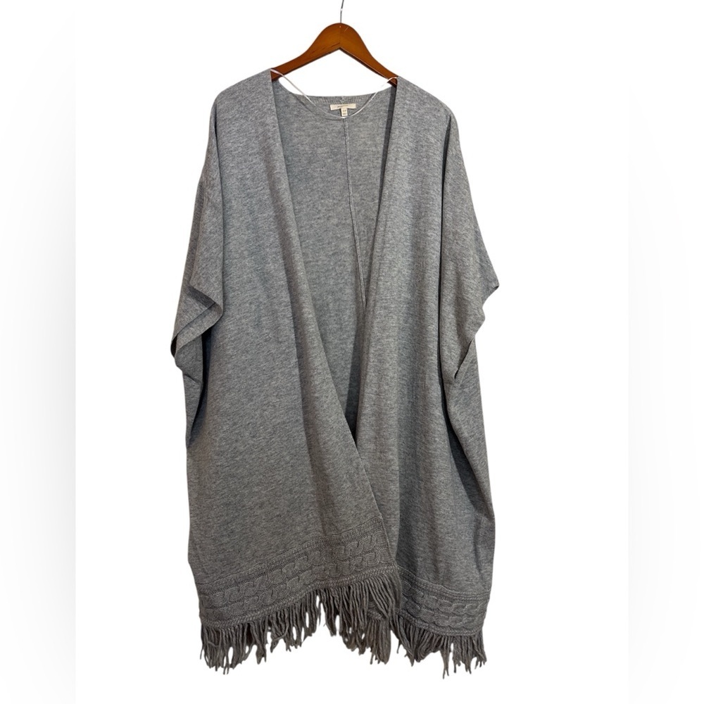 Mystree Light Grey Fringe Trim Open Poncho